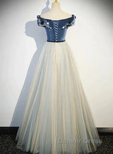 A-Line Blue-Grey Sequins Off Shoulder Long Party Dresses Velevet Long Prom Dresses
